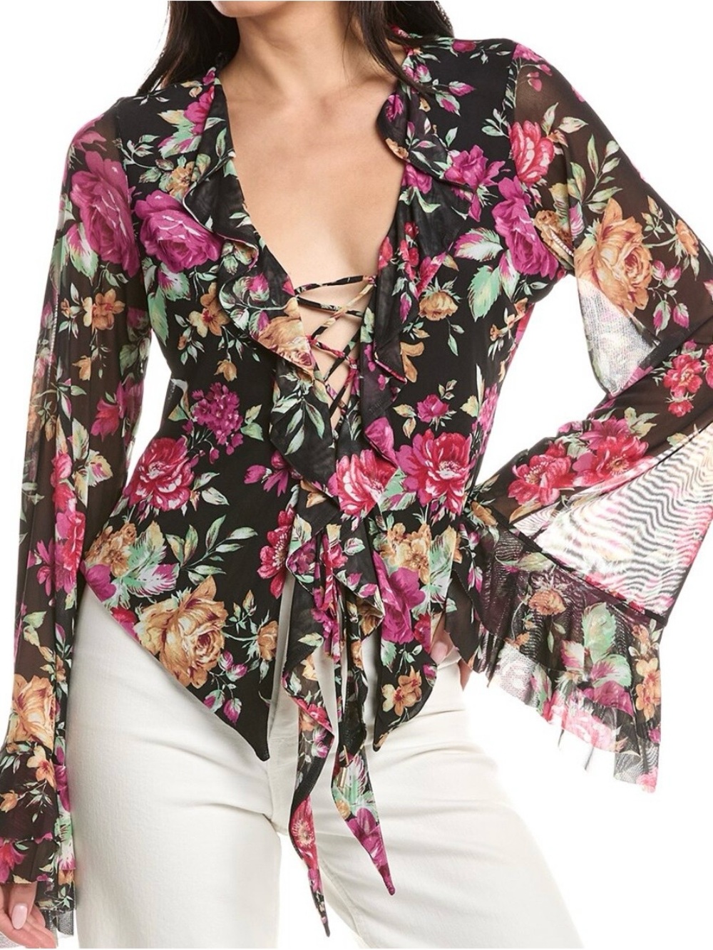 AFRM Black Floral Lace-Up Ruffle Blouse